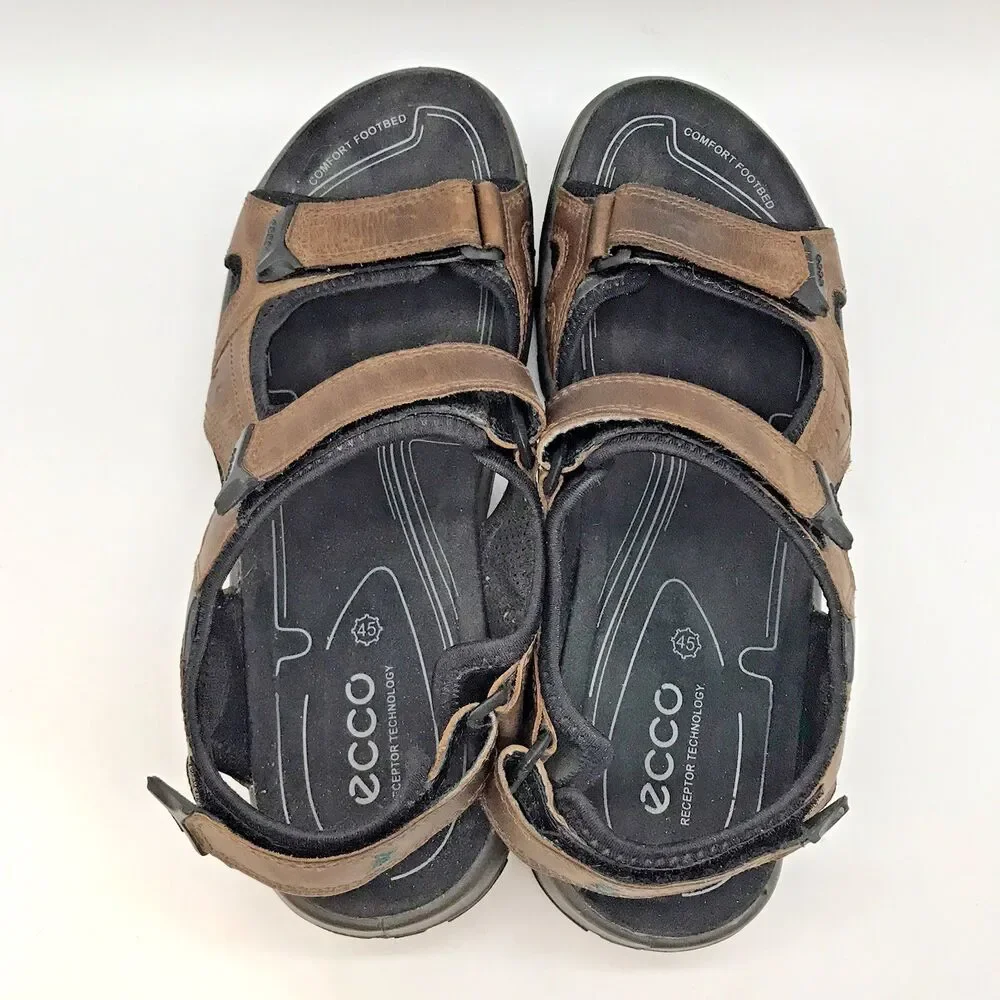 ECCO Receptor Technology Sports Sandals Men's 12 EU 45 Brown Leather Hook & Loop